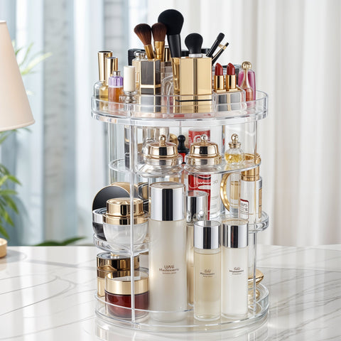 Rotating Makeup Organizer 8-Layer Adjustable Storage System with Blending Brush Holder & Perfume Trays, Bathroom Vanity Countertop Space Saver
