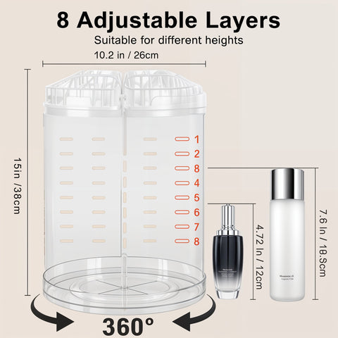 Rotating Makeup Organizer 8-Layer Adjustable Storage System with Blending Brush Holder & Perfume Trays, Bathroom Vanity Countertop Space Saver
