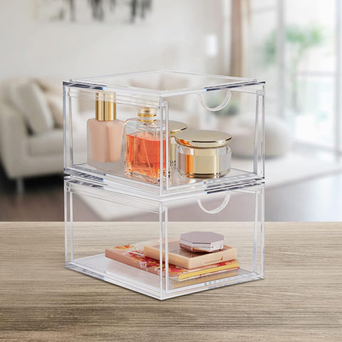 Acrylic Stackable Storage Drawers - Clear Makeup Organizer, 2-Pack - Boxalls # Acrylic Stackable Storage Drawers - Clear Makeup Organizer, 2-Pack Boxalls