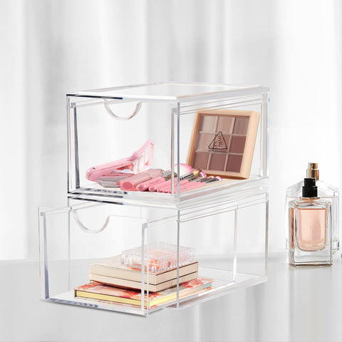Acrylic Stackable Storage Drawers - Clear Makeup Organizer, 2-Pack - Boxalls # Acrylic Stackable Storage Drawers - Clear Makeup Organizer, 2-Pack Boxalls