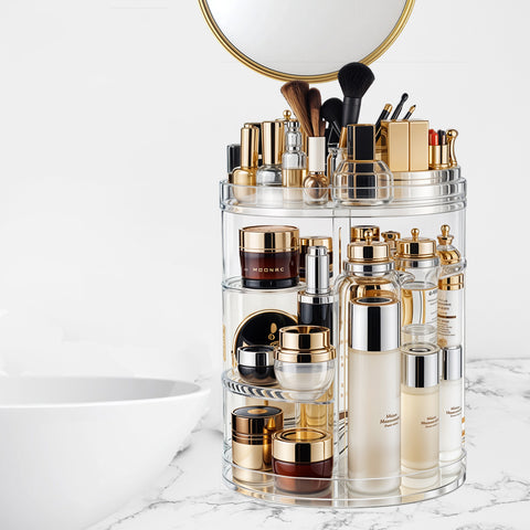 Rotating Makeup Organizer 8-Layer Adjustable Storage System with Blending Brush Holder & Perfume Trays, Bathroom Vanity Countertop Space Saver