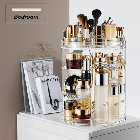 Rotating Makeup Organizer 8-Layer Adjustable Storage System with Blending Brush Holder & Perfume Trays, Bathroom Vanity Countertop Space Saver