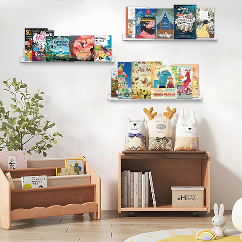 Acrylic Shelves - 15" Floating Bookshelves for Kids, Bathroom, Bedroom, Living Room & Kitchen - Durable & Space-Saving