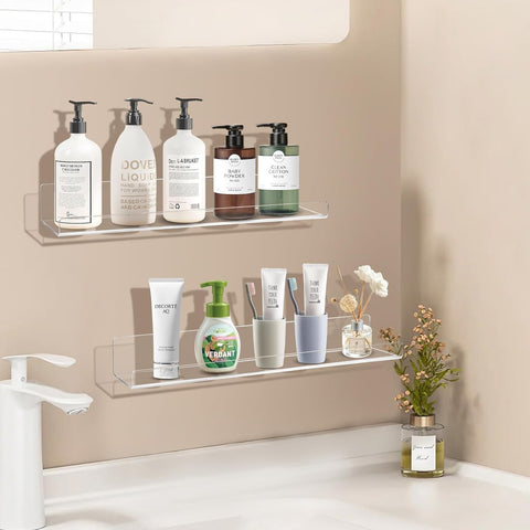 Acrylic Shelves - 15" Floating Bookshelves for Kids, Bathroom, Bedroom, Living Room & Kitchen - Durable & Space-Saving
