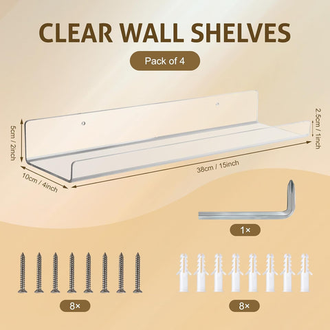Acrylic Shelves - 15" Floating Bookshelves for Kids, Bathroom, Bedroom, Living Room & Kitchen - Durable & Space-Saving