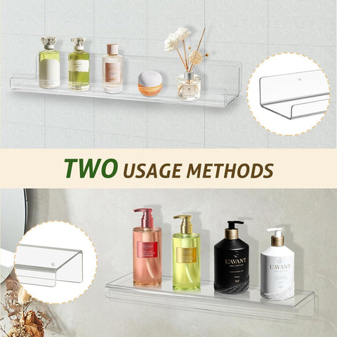 Acrylic Shelves - 15" Floating Bookshelves for Kids, Bathroom, Bedroom, Living Room & Kitchen - Durable & Space-Saving