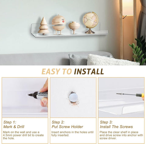 Acrylic Shelves - 15" Floating Bookshelves for Kids, Bathroom, Bedroom, Living Room & Kitchen - Durable & Space-Saving