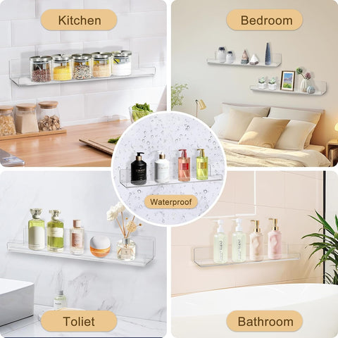 Acrylic Shelves - 15" Floating Bookshelves for Kids, Bathroom, Bedroom, Living Room & Kitchen - Durable & Space-Saving